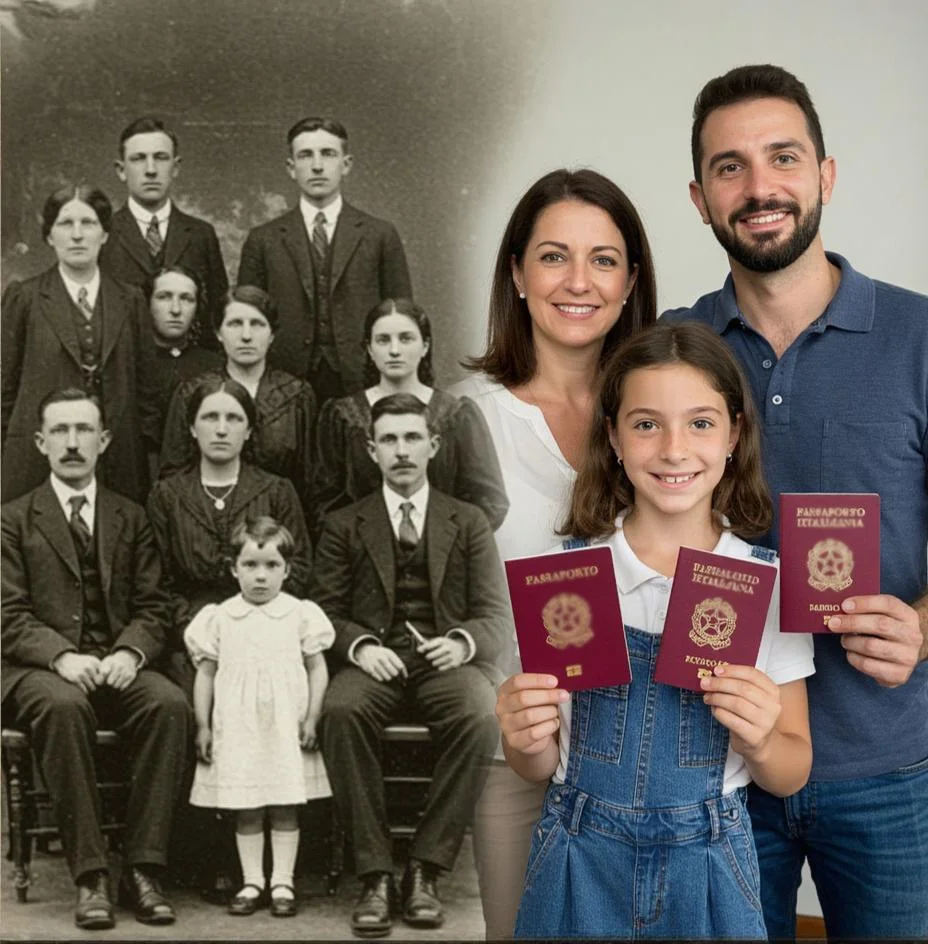Família italiana antiga e família moderna com passaportes italianos